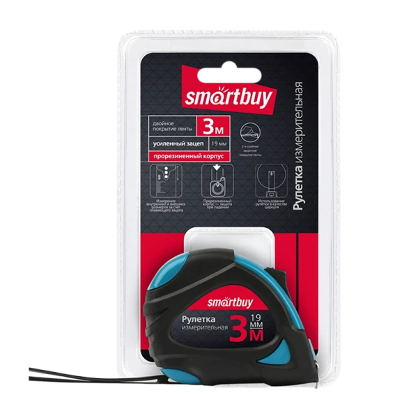 Рулетка измерительная Smartbuy Tools 3м*19мм пластик 2 фиксатора прорезиненная голубой (1/96)