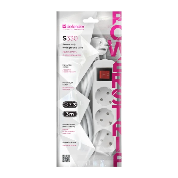 Удлинитель Defender S330 3р.С/З 10A 3.0м с выкл. ПВС 3x1мм² белый (1/30)