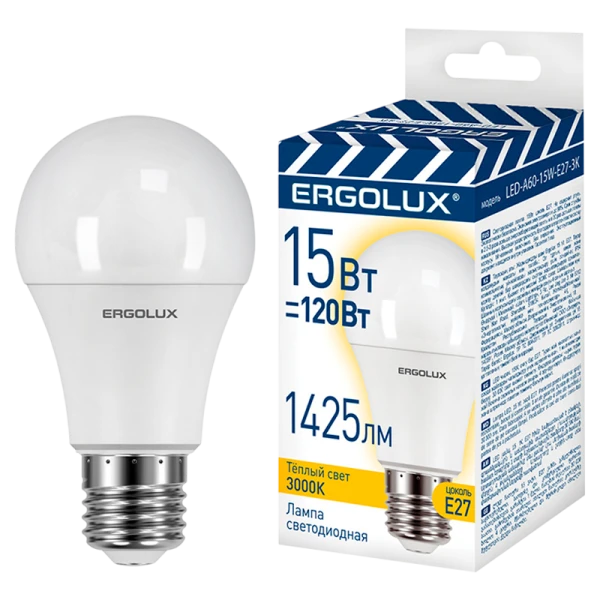 Лампа светодиодная Ergolux A60 E27 15W 3000К 180-240V груша ЛОН ПРОМО (1/100)