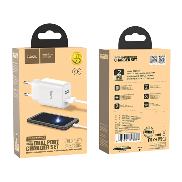 Сетевое З/У HOCO C62A 2USB 2.1A умная зарядка (IC) с кабелем microUSB белый (1/21/126)
