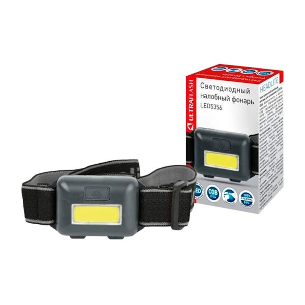 Фонарь налобный Ultraflash LED5356 0,95W COB от батареек IPX4 3 режима черный (1/40/560)