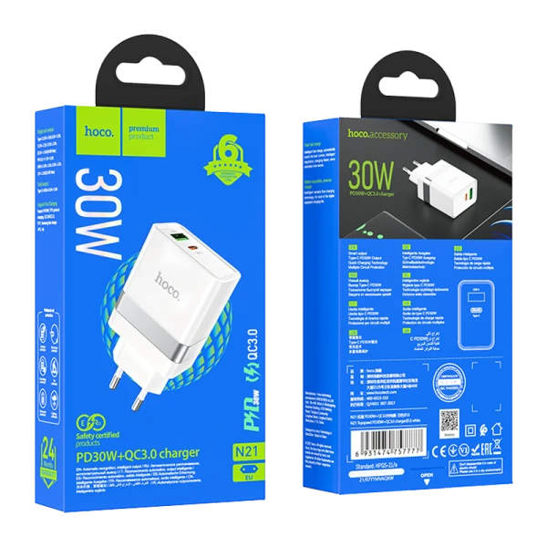 Сетевое З/У HOCO N21 1USB/Type-C 3.0A 30W PD3.0 белый (1/12/120)