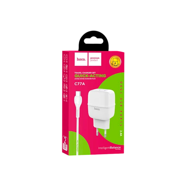 Сетевое З/У HOCO C77A 2USB 2.4A с кабелем Lightning белый (1/12/120)