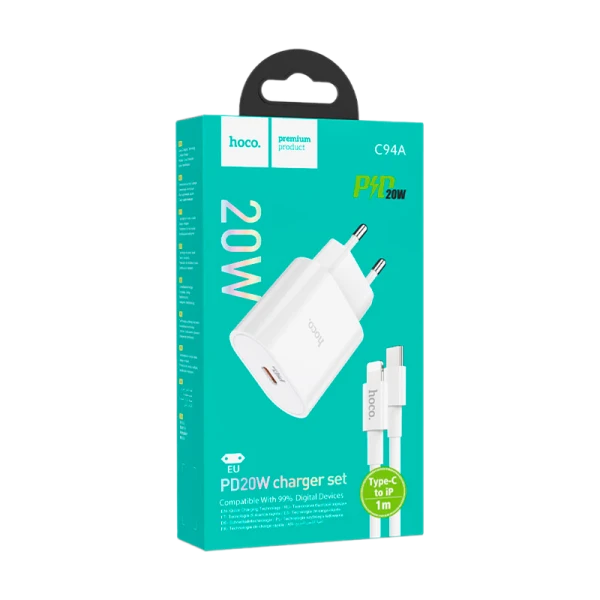Сетевое З/У HOCO C94A Type-C 20W с кабелем Type-C-Lightning белый (1/13/130)
