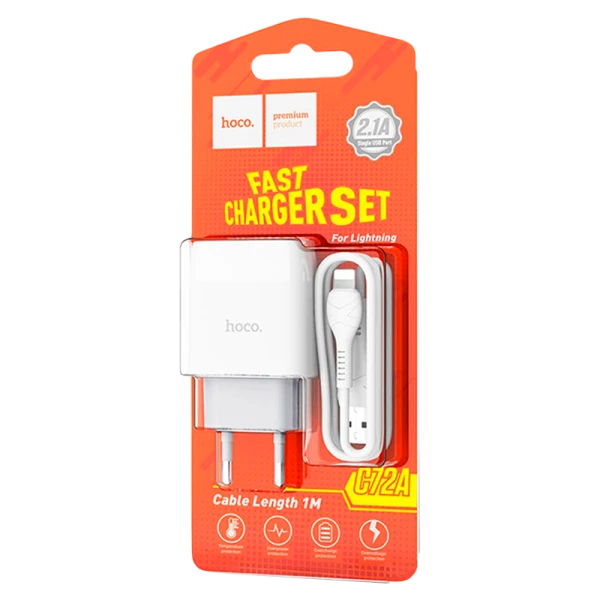 Сетевое З/У HOCO C72A 1USB 2.1A с кабелем Lightning белый (1/30/180)