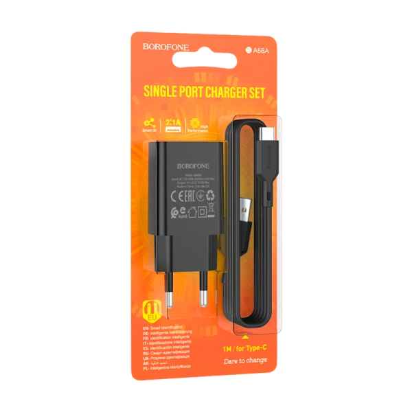 Сетевое З/У Borofone BA68A 1USB Type-C (m) 2.1A черный (1/60/240)