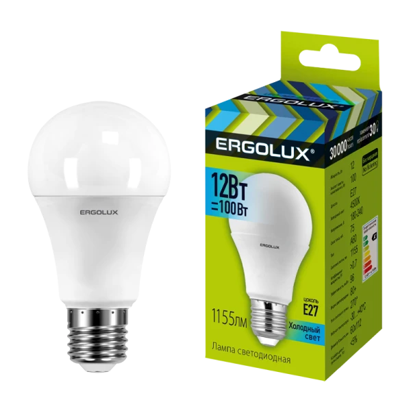 Лампа светодиодная Ergolux A60 E27 12W 4500К 180-240V груша ЛОН (1/10/100)