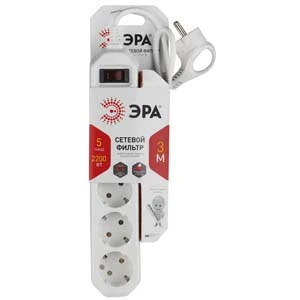 Сетевой фильтр ЭРА USF 5р.С/З 10A со шторкой 3.0м белый (1/20)
