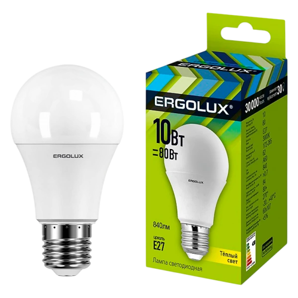 Лампа светодиодная Ergolux A60 E27 10W 3000К 180-240V груша (1/10/100)