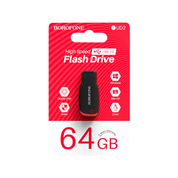 Флеш-накопитель Borofone Generous BUD2 64GB USB2.0 пластик черный красный (1/35/280)