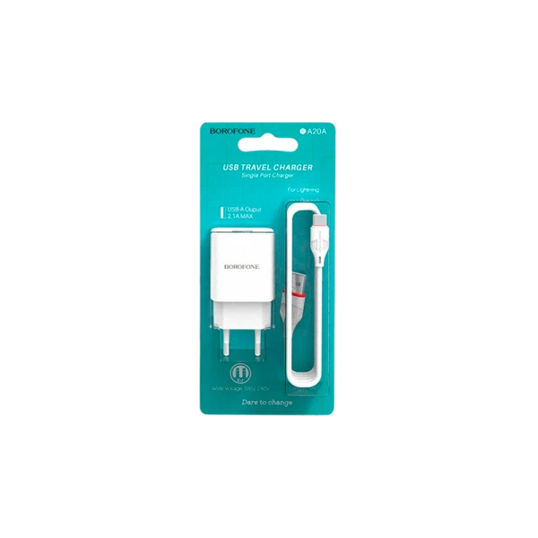 Сетевое З/У Borofone BA20A 1USB 2.1A с кабелем Lightning белый (1/48/192)