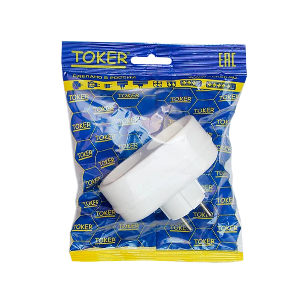 Разветвитель Toker 2Т 2р.С/З в индивидуальной упаковке белый (1/50)