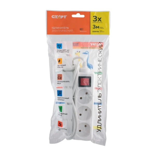 Удлинитель Старт S 3р.Б/З 10A 3.0м с выкл. IP20 белый (1/20)