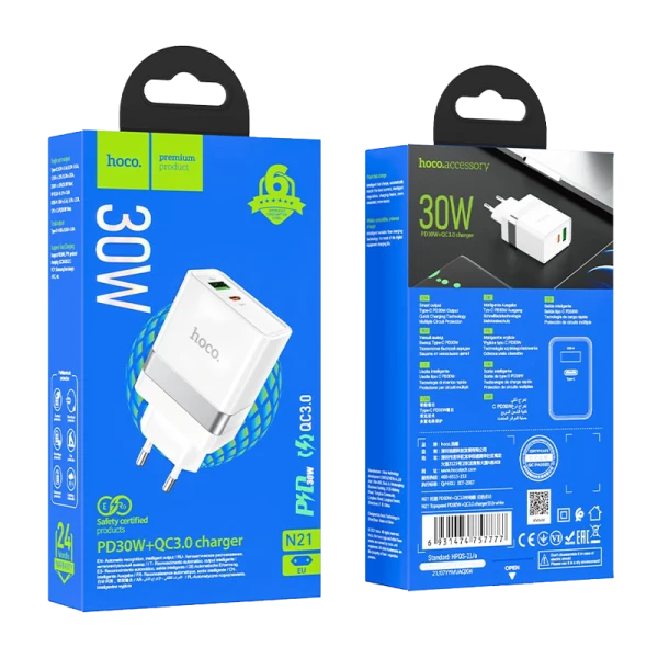 Сетевое З/У HOCO N21 1USB/Type-C 30W PD3.0 белый (1/12/120)