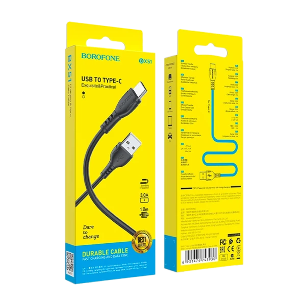 Кабель Borofone BX51 USB (m)-Type-C (m) 1.0м 3.0A ПВХ черный в коробке (1/360)