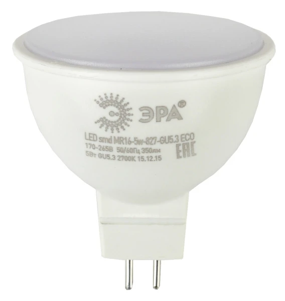 Лампа светодиодная ЭРА MR16 GU5.3 5W 2700К 220-240V софит матовая (1/10/200)