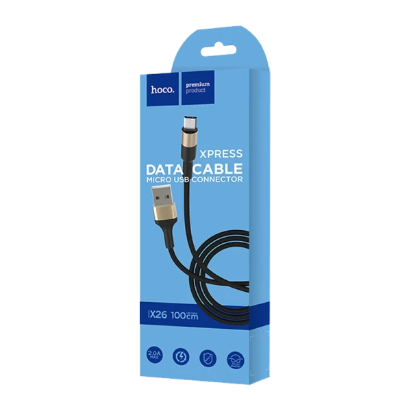 Кабель HOCO X26 USB (m)-microUSB (m) 1.0м 2.0A нейлон черный золотой (1/30/300)