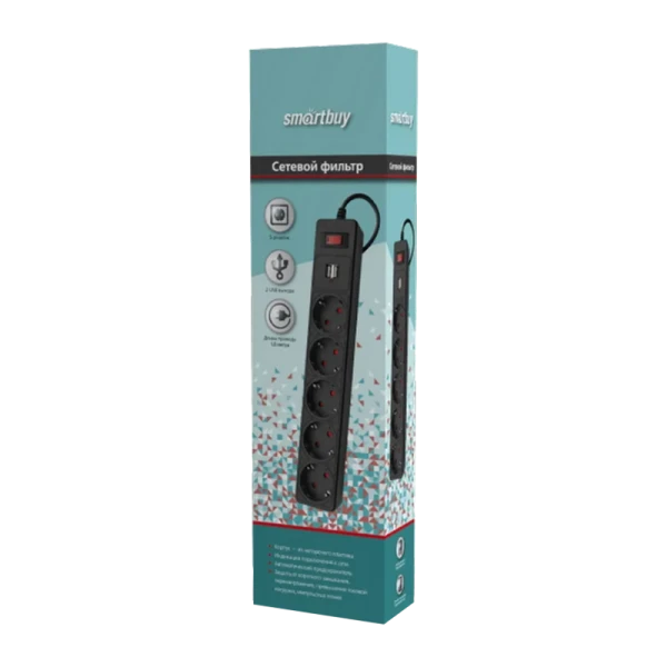 Сетевой фильтр Smartbuy 5р.С/З 10A USB со шторкой 1.8м ПВС черный (1/45)
