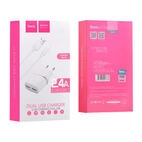 Сетевое З/У HOCO C12 2USB 2.4A с кабелем microUSB белый (1/10/100)