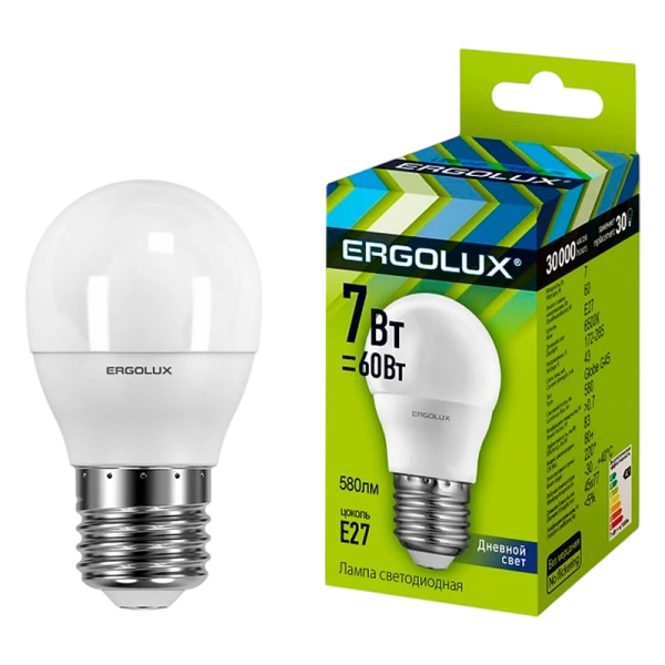 Лампа светодиодная Ergolux G45 E27 7W 6500К 172-265V шар (1/10/100)