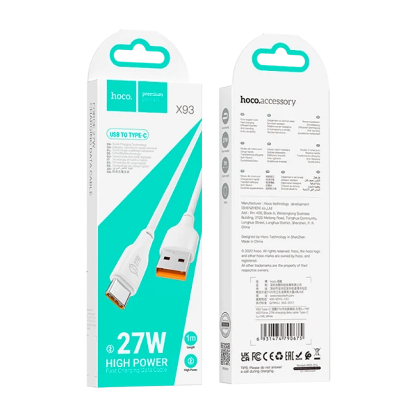 Кабель HOCO X93 USB (m)-Type-C (m) 1.0м 27W TPE белый (1/37/370)