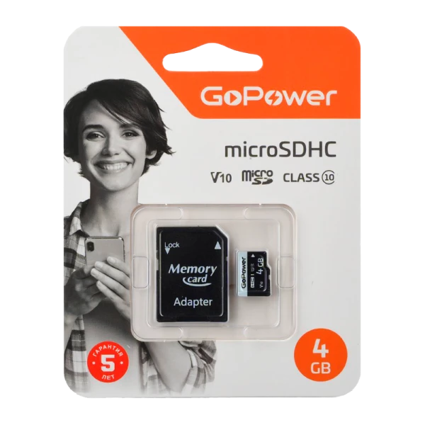 Карта памяти microSD GoPower 4GB Class10 15 МБ/сек V10 с адаптером