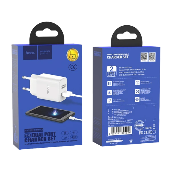 Сетевое З/У HOCO C62A 2USB 2.1A умная зарядка (IC) с кабелем Type-C белый (1/21/126)