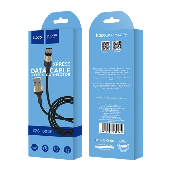 Кабель HOCO X26 USB (m)-Type-C (m) 1.0м 2.0A нейлон черный золотой (1/30/300)