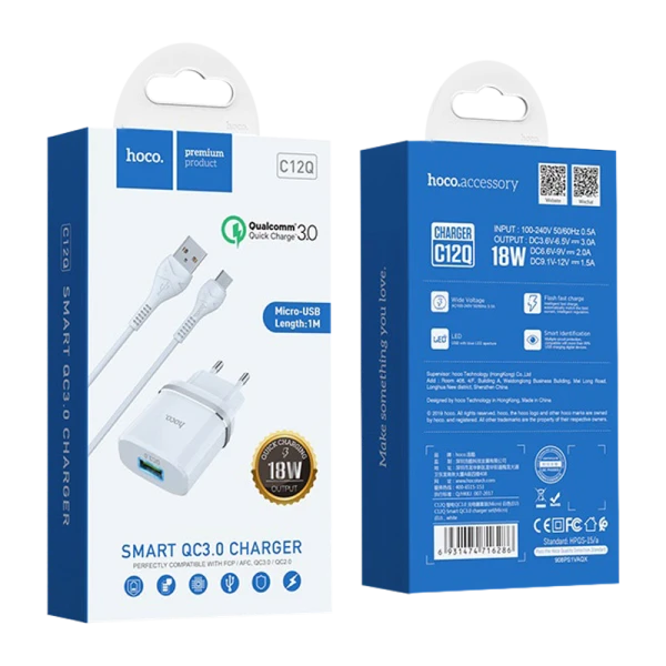 Сетевое З/У HOCO C12Q 1USB 3.0A QC3.0 с кабелем microUSB белый (1/10/100)