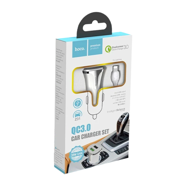 Автомобильное З/У HOCO Z31 2USB 3.4A QC3.0 с кабелем Lightning белый (1/14/140)