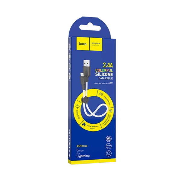 Кабель HOCO X21 Plus USB (m)-Lightning (m) 0.25м 2.4A силикон черный белый (1/30/300)