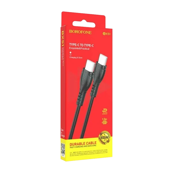 Кабель Borofone BX51 Type-C (m)-Type-C (m) 1.0м 3.0A 60W ПВХ черный (1/360)