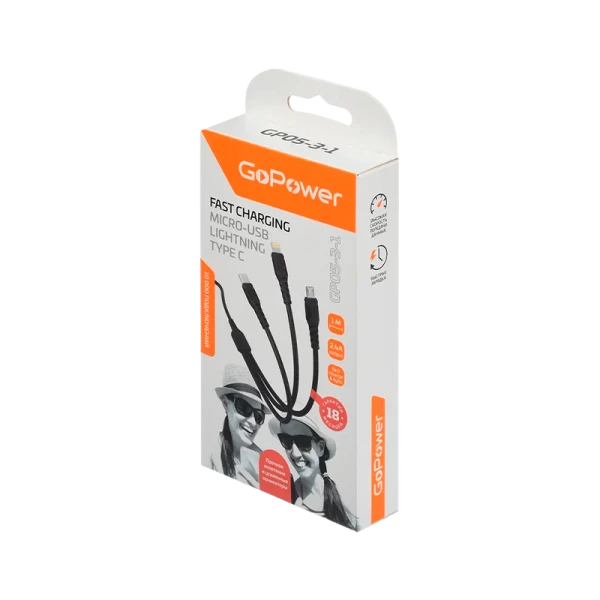 Кабель GoPower GP05-3-1 USB (m)-Type-C/Lightning/microUSB (m) 1.0м черный (1/200/800)