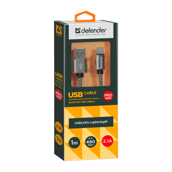 Кабель Defender ACH01-03T PRO USB2.0 (m)-Lightning (m) 1.0м 2.1A белый