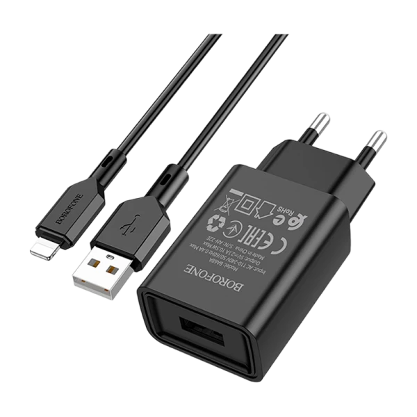 Сетевое З/У Borofone BA68A 1USB Lightning (m) 2.1A черный (1/60/240)