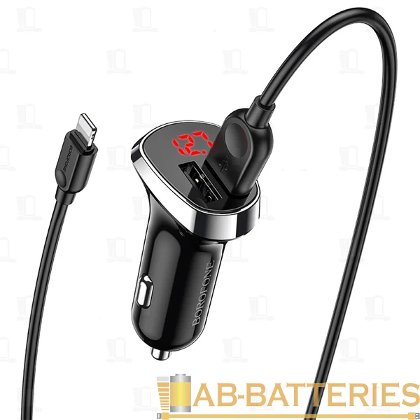 Автомобильное З/У Borofone BZ15 2USB 2.4A дисплей с кабелем Lightning черный (1/36/144)