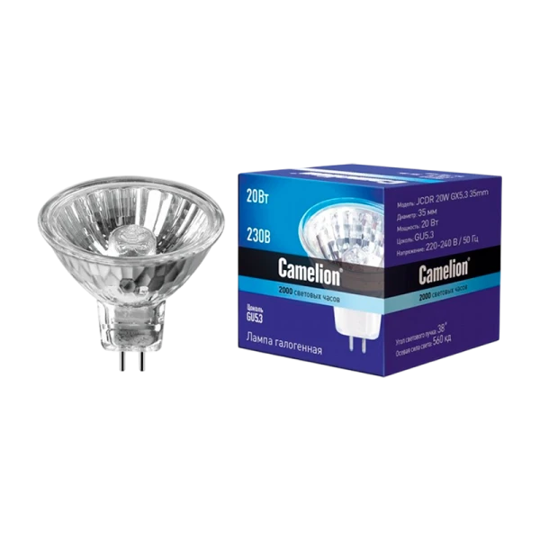 Лампа галогенная Camelion MR16 GU5.3 20W 2800К 220-240V софит 35мм прозрачная (1/10/200)