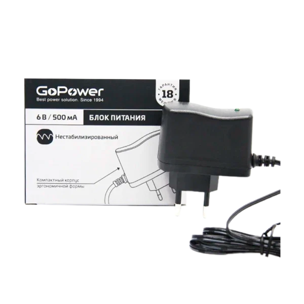 Блок питания GoPower 500mA 6V 5,5x2,5/12мм нестабилизированный положительная полярность (1/150)