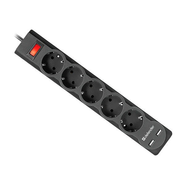 Сетевой фильтр Defender DFS 751 5р.С/З 10A 2USB 220 Дж 1.8м черный (1/30)