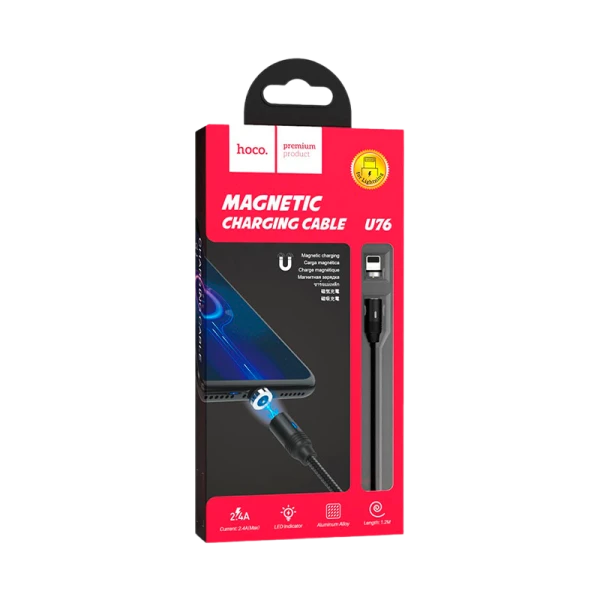 Кабель HOCO U76 USB (m)-Lightning (m) 1.2м 2.4A нейлон магнит черный (1/22/220)