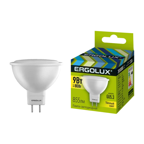 Лампа светодиодная Ergolux JCDR GU5.3 9W 3000К 172-265V софит (1/10/100)