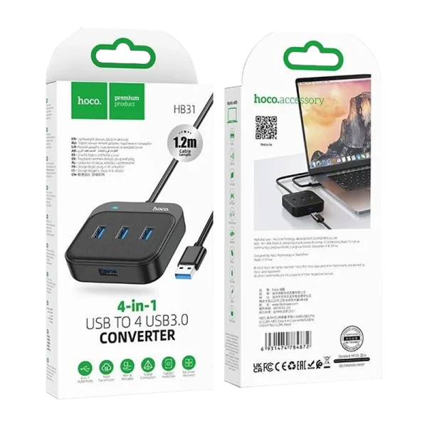 USB-Хаб HOCO HB31 4USB USB (m) USB3.0 1.2м черный (1/19/190)
