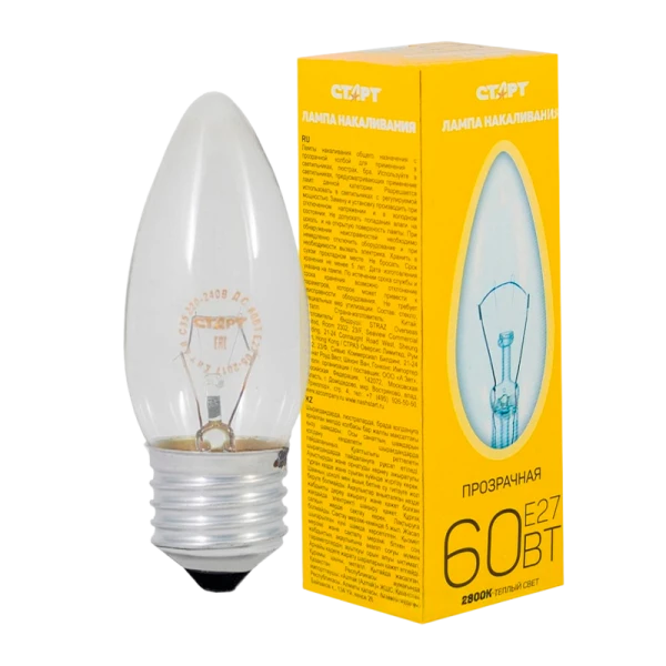 Лампа накаливания Старт E27 60W 230V свеча ДС прозрачная (1/10/100)