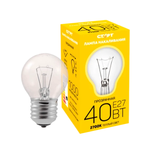 Лампа накаливания Старт E27 40W 230V шар ДШ прозрачная (1/10/100)