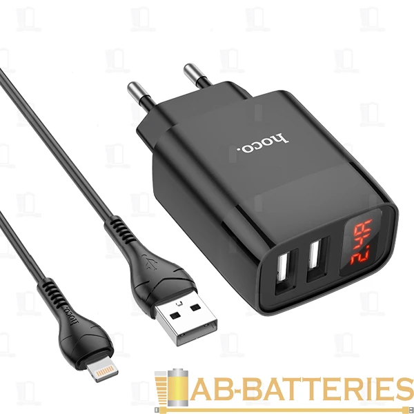 Сетевое З/У HOCO C86A 2USB 2.4A дисплей с кабелем Lightning черный (1/13/130)