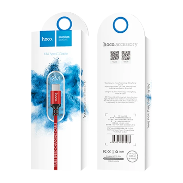 Кабель HOCO X14 USB (m)-Type-C (m) 2.0м 1.7A нейлон красный черный (1/33/330)