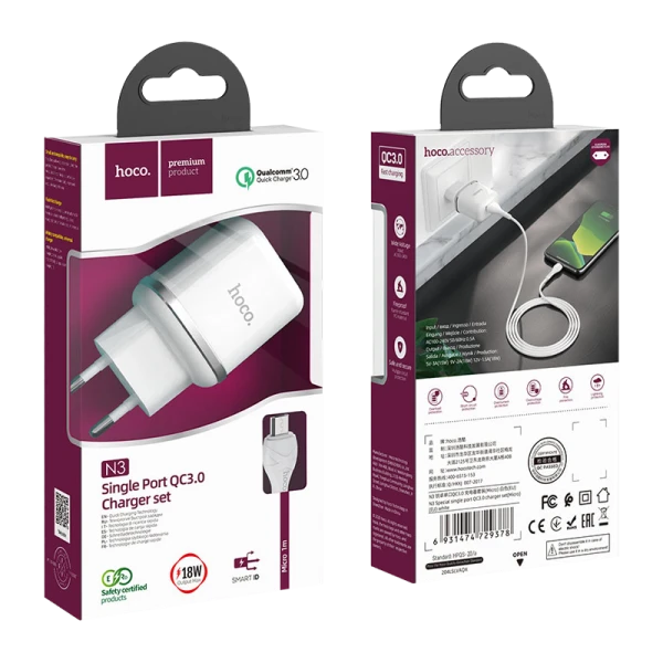 Сетевое З/У HOCO N3 1USB 3.0A 18W QC3.0 с кабелем microUSB белый (1/12/120)