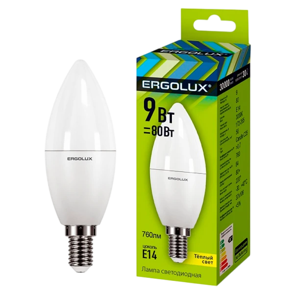 Лампа светодиодная Ergolux C35 E14 9W 3000К 172-265V свеча