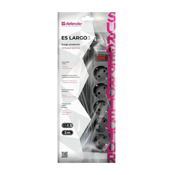 Сетевой фильтр Defender ES largo 3 5р.С/З 10A 125 Дж 3.0м черный (1/30)