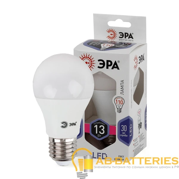 Лампа светодиодная ЭРА A60 E27 13W 6000К 170-265V груша (1/10/100)